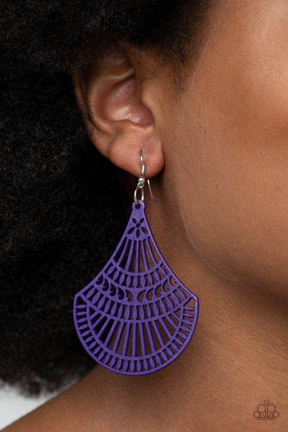 Paparazzi Tropical Tempest - Purple - Earrings - Painted in a vivacious Magenta Purple finish, a wooden teardrop-like frame is cut into an airy stenciled pattern for a colorfully seasonal look. Earring attaches to a standard fishhook fitting. 