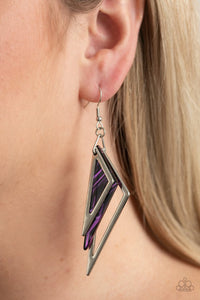 Paparazzi Evolutionary Edge - Purple - Earrings  -  Streaked in iridescent stripes, a triangular purple acrylic frame joins two shimmery silver triangular frames, creating a colorfully edgy lure. Earring attaches to a standard fishhook fitting.
