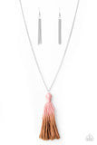 Paparazzi Totally Tasseled - Pink - Necklace  -  A knotted tassel gradually fades from Rose Tan to brown at the bottom of a lengthened silver chain, creating a colorful pendant. 