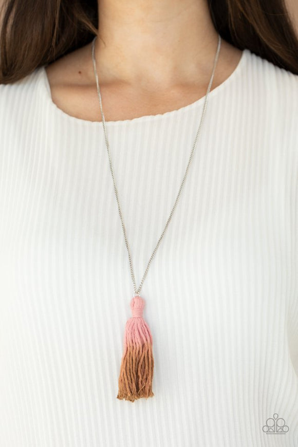 Paparazzi Totally Tasseled - Pink - Necklace  -  A knotted tassel gradually fades from Rose Tan to brown at the bottom of a lengthened silver chain, creating a colorful pendant. 
