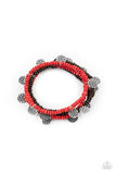Paparazzi WOODnt Count It - Red - Bracelet  -  Infused with hammered silver discs, a dainty collection of brown and red wooden beads are threaded along stretchy bands around the wrist, creating colorful layers.
