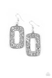 Paparazzi Primal Elements - Silver - Earrings  -  Bordered in metallic rope-like details, a silver rectangular frame has been hammered in antiqued textures for a rustically radiant look. Earring attaches to a standard fishhook fitting.
