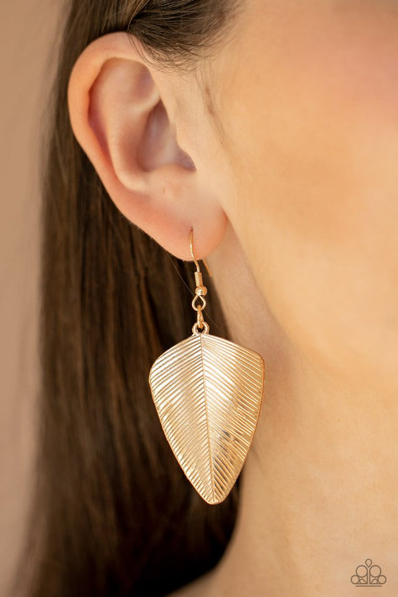 Paparazzi One Of The Flock - Gold - Earrings  -  Stamped in lifelike details, a dainty gold feather delicately swings from the ear for a rustically refined look. Earring attaches to a standard fishhook fitting.
