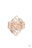 Paparazzi Voluptuous Vines - Rose Gold - Ring  -  Shiny rose gold filigree delicately vines across the finger, coalescing into an airy frame. Features a stretchy band for a flexible fit.
