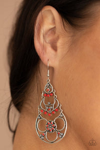 Paparazzi Garden Melody - Red - Earrings  -  Dotted with dainty red and gray beads, three mismatched silver frames link into an airy floral frame for a whimsical flair. Earring attaches to a standard fishhook fitting.
