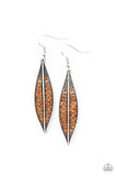 Paparazzi Hearty Harvest - Brown - Earrings  -  The front of a studded silver leaf is encrusted in glittery topaz rhinestones, creating a seasonal shimmer. 
