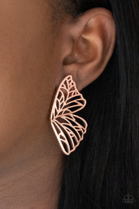 Paparazzi Butterfly Frills - Copper - Earrings  -  Shiny copper bars delicately climb scalloped shiny copper frames, coalescing into a whimsical butterfly wing. Earring attaches to a standard post fitting.
