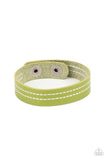 Paparazzi Life is WANDER-ful - Green - Bracelet  -  The front of a dainty green leather band is stitched in two linear rows, creating a colorfully rustic centerpiece around the wrist. 
