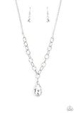 Paparazzi Mega Modern - Silver - Necklace  -  A glassy white teardrop swings from the bottom of a chunky silver chain that attaches to a shimmery silver popcorn chain, creating a modern display below the collar. Features an adjustable clasp closure.
