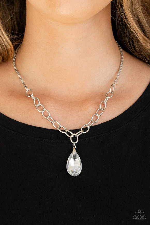 Paparazzi Mega Modern - Silver - Necklace  -  A glassy white teardrop swings from the bottom of a chunky silver chain that attaches to a shimmery silver popcorn chain, creating a modern display below the collar. Features an adjustable clasp closure.
