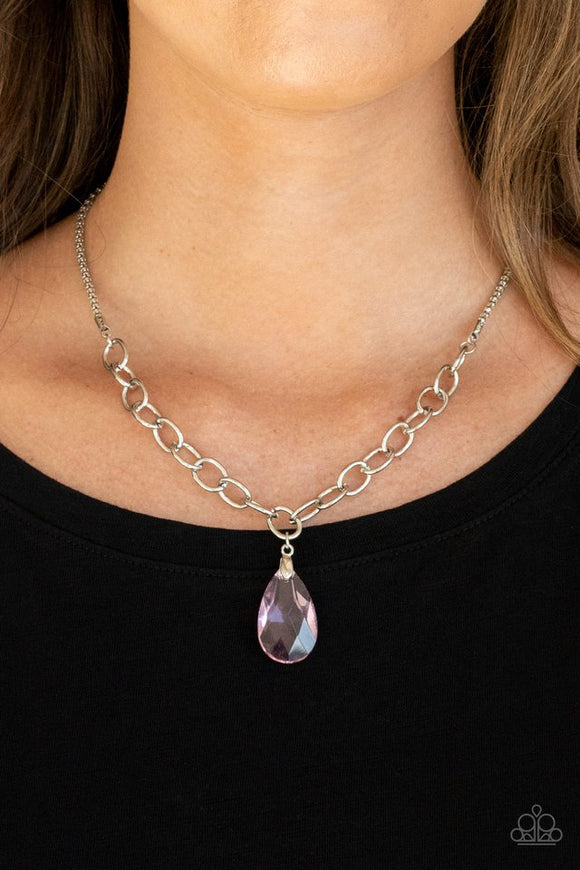 Paparazzi Mega Modern - Pink - Necklace  -  A glassy pink teardrop swings from the bottom of a chunky silver chain that attaches to a shimmery silver popcorn chain, creating a modern display below the collar. Features an adjustable clasp closure.
