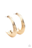 Paparazzi I Double FLARE You - Gold - Earrings  -  Etched in sporadic linear patterns, two shimmery gold frames join into a hollow hook that flares out into an eye-catching hoop. Earring attaches to a standard post fitting. Hoop measures approximately 1 1/2" in diameter.
