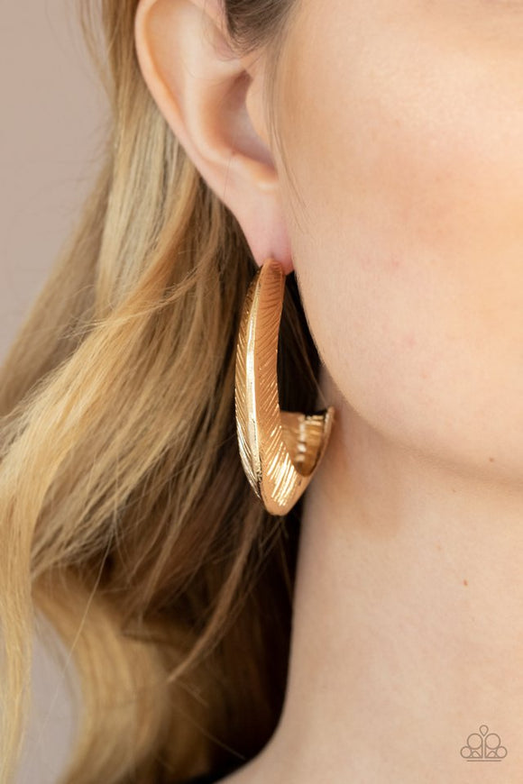 Paparazzi I Double FLARE You - Gold - Earrings  -  Etched in sporadic linear patterns, two shimmery gold frames join into a hollow hook that flares out into an eye-catching hoop. Earring attaches to a standard post fitting. Hoop measures approximately 1 1/2