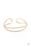 Paparazzi Plus One Status - Gold - Bracelet  -  Radiant rows of glassy white rhinestones delicately intertwine into an airy gold cuff around the wrist, creating a glamorous sparkle.
