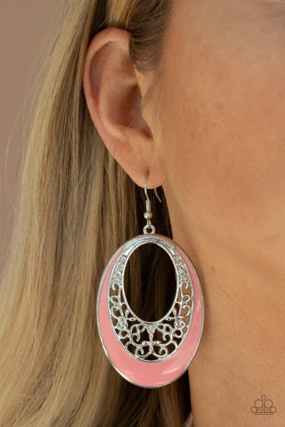 Paparazzi Orchard Bliss - Orange - Earrings  -  Featuring a refreshing Burnt Coral accent, airy vine-like filigree climbs the inside of a silver oval, creating a colorful display. Earring attaches to a standard fishhook fitting.
