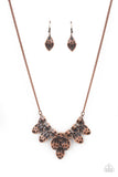 Paparazzi Rustic Smolder - Copper - Necklace  -  Hammered in a rustic shimmer, a collection of asymmetrical copper frames connect into an abstract plate below the collar. Features an adjustable clasp closure.
