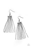 Paparazzi Another Day, Another DRAMA - Black - Earrings  -  Infused with a strand of glassy white rhinestones, rows of dainty gunmetal ball chains cascade from a dainty gunmetal fitting, creating a refined tassel. Earring attaches to a standard fishhook fitting.

