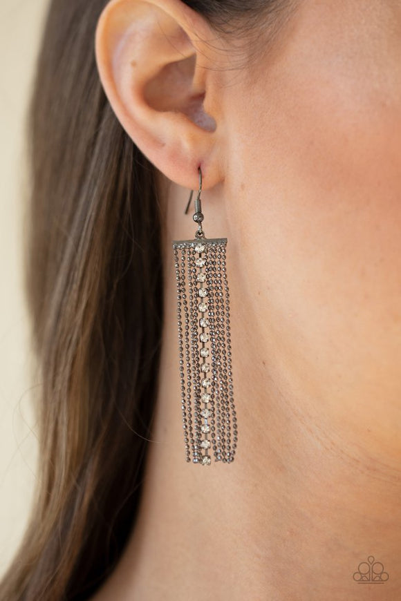 Paparazzi Another Day, Another DRAMA - Black - Earrings  -  Infused with a strand of glassy white rhinestones, rows of dainty gunmetal ball chains cascade from a dainty gunmetal fitting, creating a refined tassel. Earring attaches to a standard fishhook fitting.
