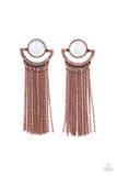 Paparazzi Opal Oracle - Copper - Earrings  -  A curtain of dainty copper chains stream from the bottom of a rustic crescent shaped copper frame that is dotted in a dewy opal bead for a mystical finish. Earring attaches to a standard post fitting.
