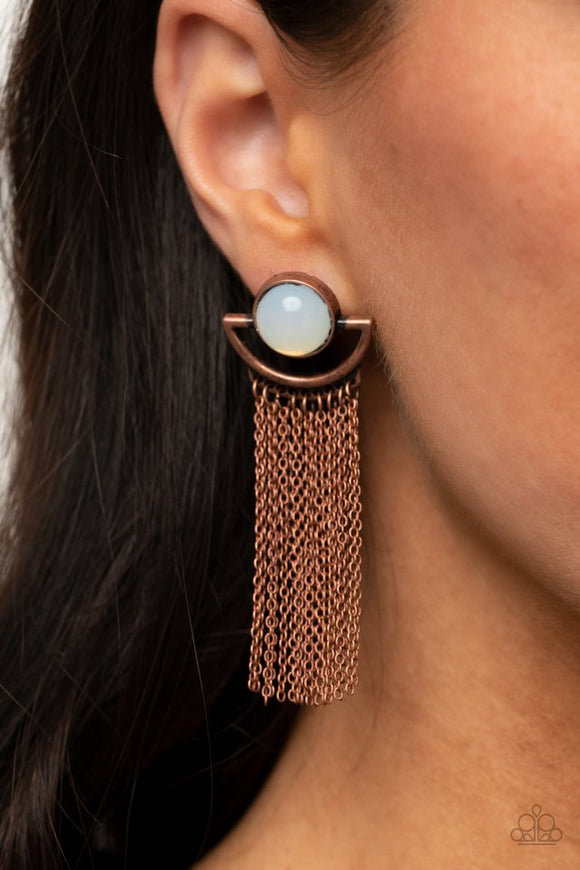 Paparazzi Opal Oracle - Copper - Earrings  -  A curtain of dainty copper chains stream from the bottom of a rustic crescent shaped copper frame that is dotted in a dewy opal bead for a mystical finish. Earring attaches to a standard post fitting.
