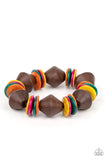 Paparazzi Bermuda Boardwalk - Multi - Bracelet  -  Multicolored wooden discs and chunky brown wooden beads are threaded along a stretchy band around the wrist, creating a summery look.
