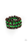 Paparazzi Tahiti Tourist - Green - Bracelet  -  Rows of green wooden beads and brown wooden discs are threaded along stretchy bands that decoratively weave around the wrist, creating a tropical inspired statement piece.
