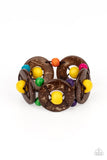 Paparazzi Island Adventure - Multi - Bracelet  -  An oversized collection of multicolored beads and distressed brown wooden discs are threaded along stretchy bands that decoratively weave around the wrist for a summery flair.
