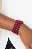 Paparazzi Tahiti Tourist - Pink - Bracelet  -  Rows of pink wooden beads and brown wooden discs are threaded along stretchy bands that decoratively weave around the wrist, creating a tropical inspired statement piece.
