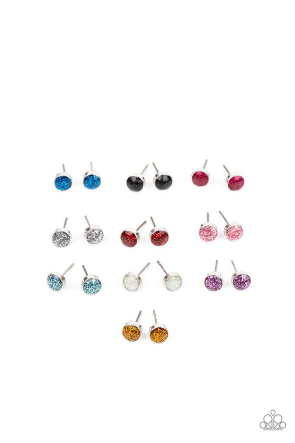 Paparazzi Starlet Shimmer Earring Kit - P5SS-MTXX-333XX -   -  Ten pairs of earrings in assorted colors and shapes to be retailed at $1 per pair. Featuring sparkly finishes, the glittery frames vary in shades of blue, silver, black, red, white, pink, purple, and gold. Earrings attach to standard post fittings.