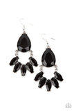 Paparazzi POWERHOUSE Call - Black - Earrings  -  A curved row of marquise cut black rhinestones attaches to the bottom of a dramatically oversized teardrop black rhinestone, coalescing into a glamorous lure. Earring attaches to a standard fishhook fitting.
