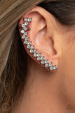 Paparazzi Let There Be LIGHTNING - Black - Earrings  -  Encased in studded gunmetal fittings, pairs of glassy white rhinestones stack into a zigzagging frame up the ear for an electrifying fashion. Features a dainty cuff attached to the top for a secure fit.
