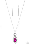 Paparazzi Glamorously Glaring - Pink - Necklace  -  A pink marquise cut rhinestone pendant swings from the top of an airy silver frame that interconnects with a series of mismatched silver links at the bottom of a lengthened silver chain for an elegant finish. Features an adjustable clasp closure.
