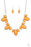 Paparazzi Viva La Vacation - Orange - Necklace  -  Trios of Marigold marquise shaped beads connect into leafy frames below the collar, creating a vivacious centerpiece. Features an adjustable clasp closure.
