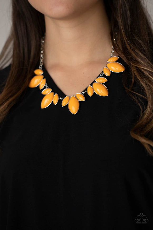 Paparazzi Viva La Vacation - Orange - Necklace  -  Trios of Marigold marquise shaped beads connect into leafy frames below the collar, creating a vivacious centerpiece. Features an adjustable clasp closure.
