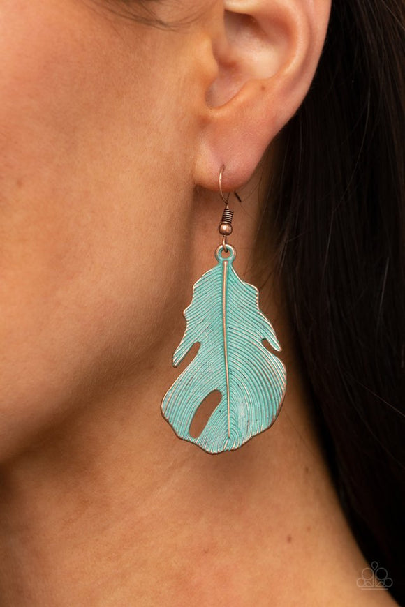 Paparazzi Heads QUILL Roll - Copper - Earrings  -  Brushed in a patina finish, a lifelike copper feather swings from the ear for a free-spirited fashion. Earring attaches to a standard fishhook fitting.
