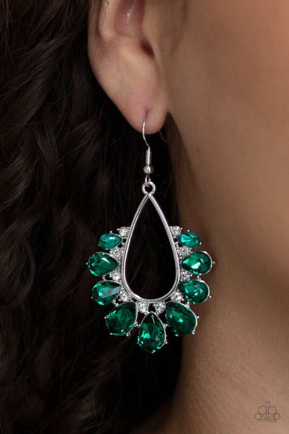 Paparazzi Two Can Play That Game - Green - Earrings  -  Gradually increasing in size, a glittery collection of green teardrop rhinestones fan out from a white rhinestone dotted silver teardrop frame, creating a sparkly statement. Earring attaches to a standard fishhook fitting.
