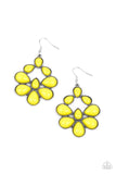 Paparazzi In Crowd Couture - Yellow - Earrings  -  Featuring textured silver frames, bubbly yellow teardrop beads connect into a scalloped display for a whimsical pop of color. Earring attaches to a standard fishhook fitting.
