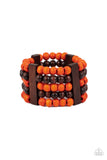 Paparazzi Caribbean Catwalk - Orange - Bracelet  -  Held in place by rectangular wooden frames, strands of brown and orange wooden beads are threaded along stretchy bands around the wrist for a colorfully tropical look.
