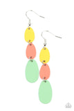 Paparazzi Rainbow Drops - Multi - Earrings  -  Painted in shiny Illuminating, Burnt Coral, and Green Ash finishes, lengthened oval frames drip from the ear, linking into a colorful lure. Earring attaches to a standard fishhook fitting.
