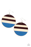 Paparazzi Yacht Party - Blue - Earrings  -  The front of a shiny wooden disc is striped in purplish-brown and French Blue accents, creating a colorful summery look. Earring attaches to a standard fishhook fitting.
