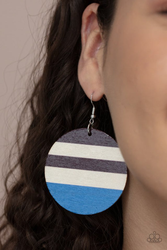 Paparazzi Yacht Party - Blue - Earrings  -  The front of a shiny wooden disc is striped in purplish-brown and French Blue accents, creating a colorful summery look. Earring attaches to a standard fishhook fitting.
