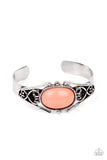 Paparazzi Springtime Trendsetter - Orange - Bracelet  -  A bubbly Burnt Coral bead is nestled inside a silver filigree filled frame atop a dainty silver cuff, creating a whimsical centerpiece around the wrist.
