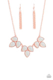 Paparazzi Prairie Fairytale - Copper - Necklace  -  Trios of faceted iridescence, dewy white teardrop beads encased in studded shiny copper casings coalesce into leafy frames that delicate link into an ethereal fringe below the collar. Features an adjustable closure.
