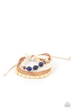 Paparazzi Natural-Born Navigator - Blue - Bracelet  -  Featuring cork, thread, and wood, mismatched metallic accents, glassy blue stones, and wood beads adorn earthy layers around the wrist for a whimsical look. Features an adjustable sliding knot closure.
