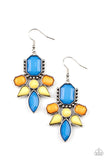Paparazzi Vacay Vixen - Multi - Earrings  -  Featuring regal emerald, classic round, and tranquil teardrop shapes, a faceted collection of French Blue, Marigold, and Illuminating beads coalesce into a vibrant frame. Earring attaches to a standard fishhook fitting.
