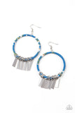 Paparazzi Garden Chimes - Blue - Earrings  -  Flared rectangular silver plates swing from the bottom of a hoop wrapped in blue, black, green, and white floral fabric, creating a whimsical fringe. Earring attaches to a standard fishhook fitting.
