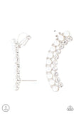 Paparazzi Doubled Down On Dazzle - White - Earrings  -  Featuring classic silver fittings, two rows of dainty white pearls and glassy white rhinestones arch into a timeless statement piece. Earring attaches to a standard post earring. Features a clip-on fitting at the top for a secure fit.
