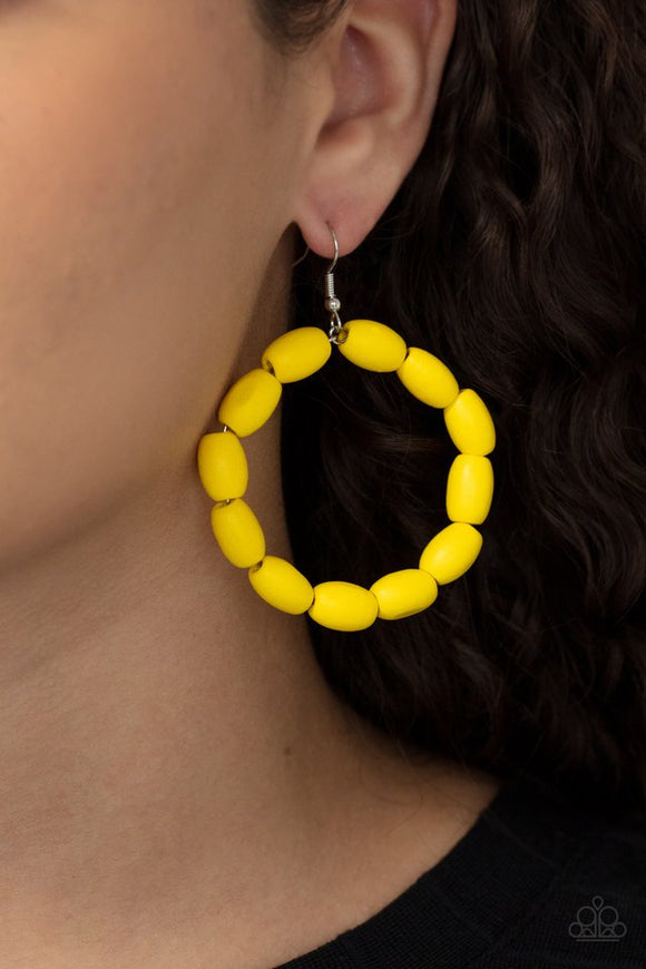 Paparazzi Living The WOOD Life - Yellow - Earrings  -  Chunky Illuminating wooden beads are threaded along a dainty wire, creating an earthy hoop. Earring attaches to a standard fishhook fitting.
