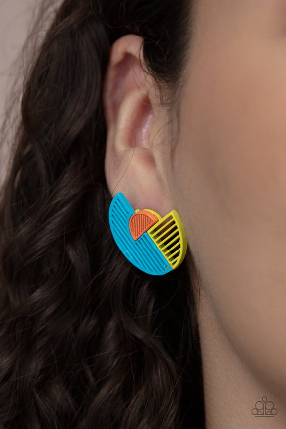 Paparazzi Its Just an Expression - Blue - Earrings  -  Featuring airy stenciled linear patterns, overlapping blue and yellow crescent shaped frames gather around a dainty orange crescent frame, creating a modern display. Earring attaches to a standard post fitting.
