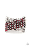 Paparazzi Classic Crossover - Red - Ring  -  Glittery red rhinestones dot sections of dainty sections of silver chain that slant across rows of white rhinestone encrusted bands, coalescing into an edgy centerpiece. Features a stretchy band for a flexible fit.
